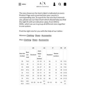 armani exchange size chart